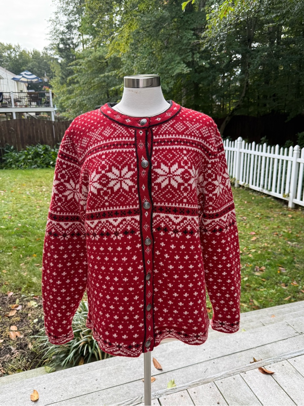 L.L. Bean Red Fair Isle 100% Lambswool Nordic Cardigan Sweater XL-Reg